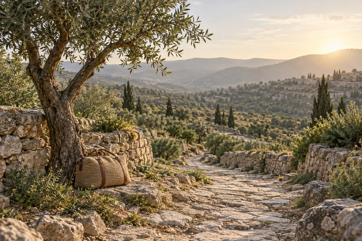 שביל אבן בין עצי זית — איור למאמר על יציאה לדרך