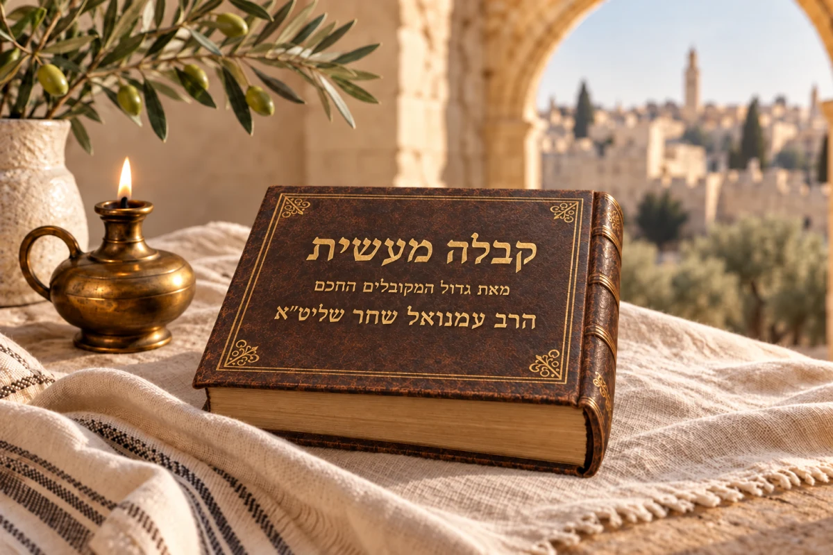 ספר קבלה מעשית בכריכת עור וכיתוב זהב בעברית, לצד מנורת שמן — איור