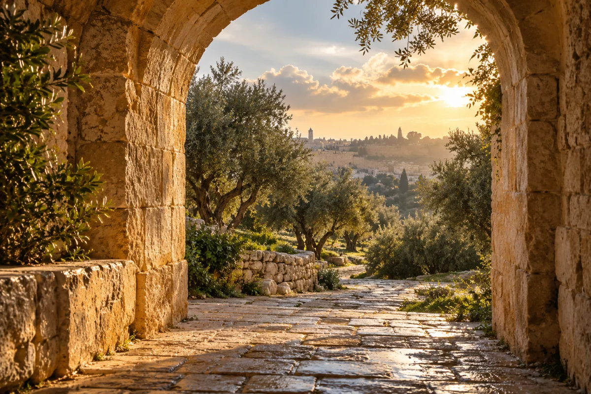 שער אבן הנפתח לשביל ולעצי זית באור בוקר — איור לתקווה